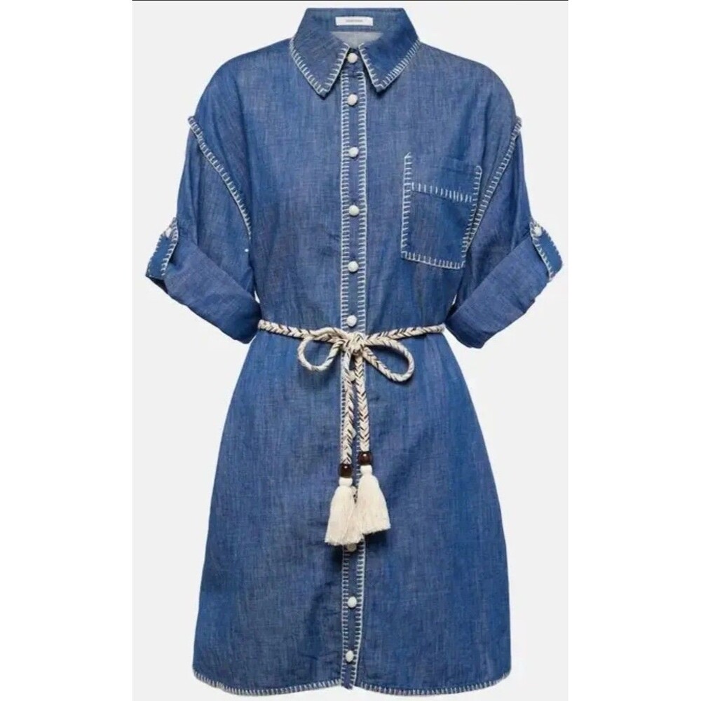 Zimmermann Denim Shirt Dress Whipstitch Tassel Belt Size 1 US 6 Cotton Summer